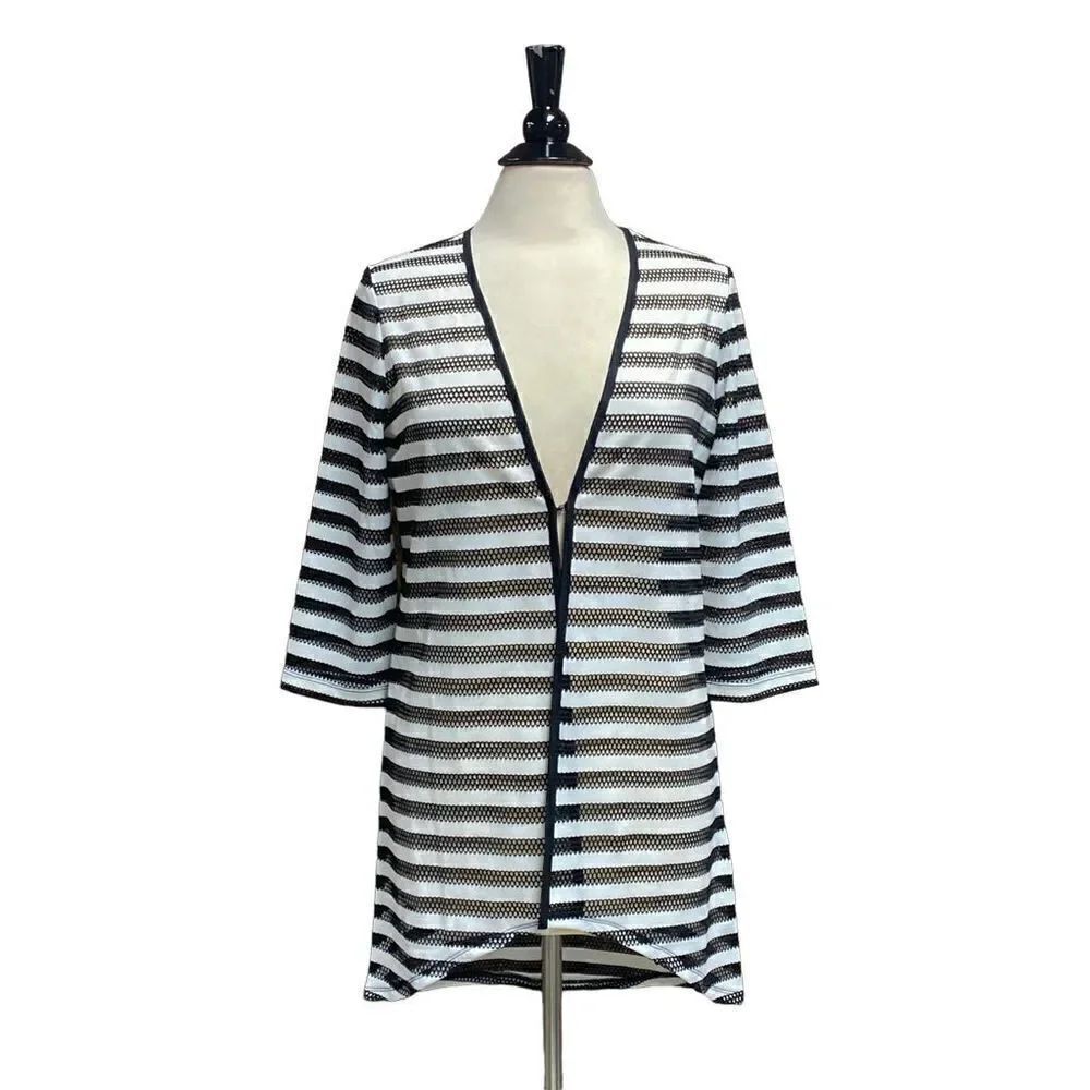 Chico’s Black & White Striped Easy Wear Mesh Cardigan Size O NEW